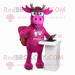 Magenta Elk mascot costume character dressed with a Shorts and Reading glasses