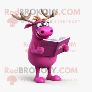 Magenta Elk mascot costume character dressed with a Shorts and Reading glasses