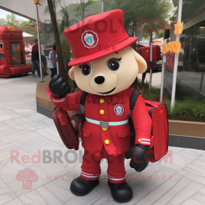 Red Fire Fighter mascot costume character dressed with a Blazer and Backpacks