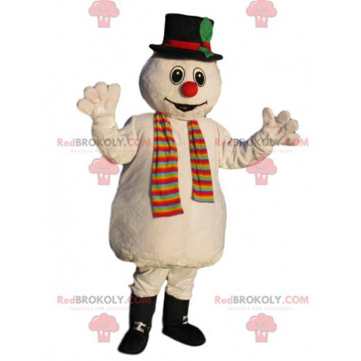 Mascotte de bonhomme de neige avec un chapeau noir -