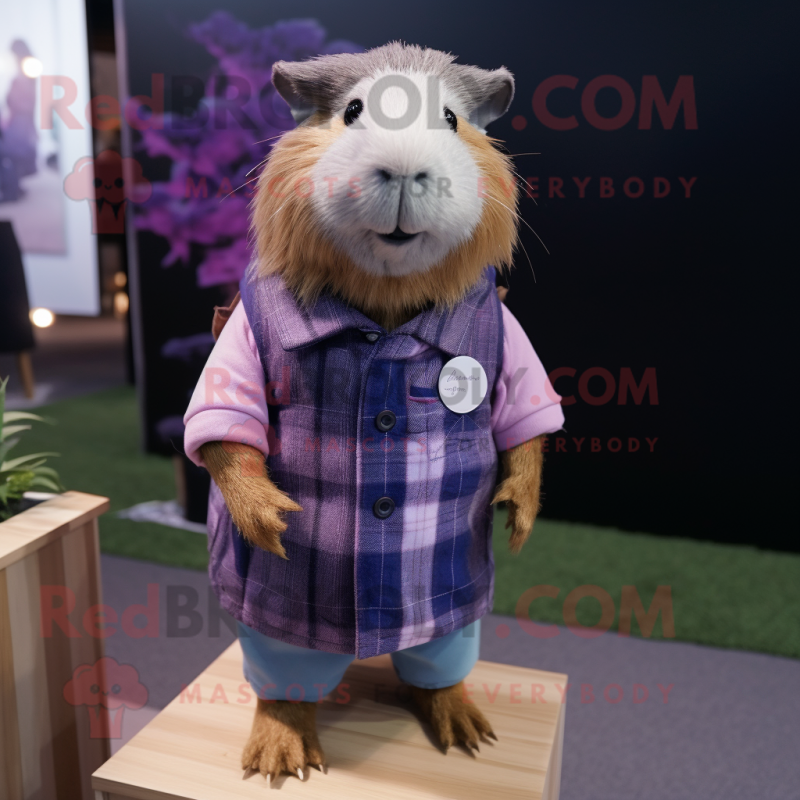 Lavender Guinea Pig mascot costume character dressed with a Flannel Shirt and Lapel pins