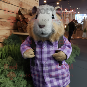Lavender Guinea Pig mascot costume character dressed with a Flannel Shirt and Lapel pins