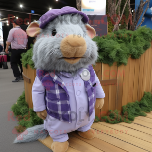 Lavender Guinea Pig mascot costume character dressed with a Flannel Shirt and Lapel pins