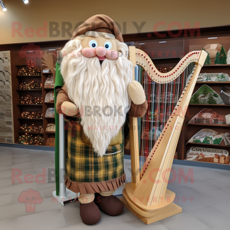 Beige Celtic Harp mascot costume character dressed with a Flannel Shirt and Headbands