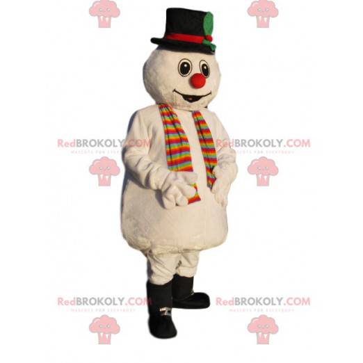 Mascotte de bonhomme de neige avec un chapeau noir -