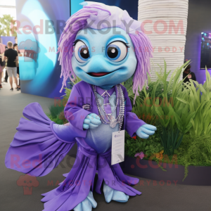 Lavender Betta Fish mascot costume character dressed with a Suit and Necklaces