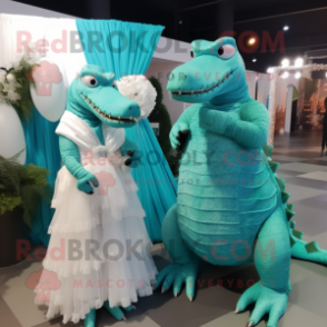 Turquoise Crocodile mascot costume character dressed with a Wedding Dress and Wraps