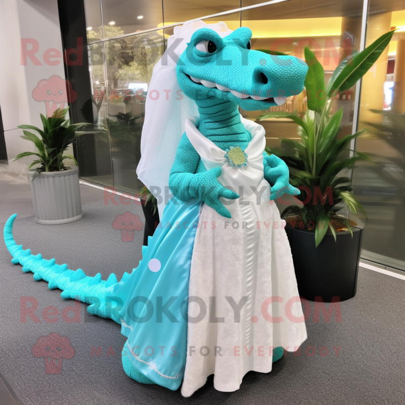 Turquoise Crocodile mascot costume character dressed with a Wedding Dress and Wraps