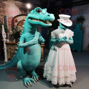 Turquoise Crocodile mascot costume character dressed with a Wedding Dress and Wraps