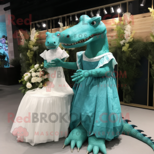 Turquoise Crocodile mascot costume character dressed with a Wedding Dress and Wraps