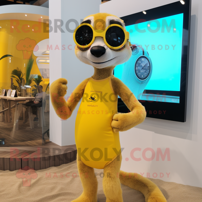 Yellow Meerkat mascot costume character dressed with a Bikini and Smartwatches