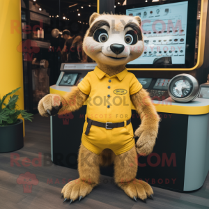 Yellow Meerkat mascot costume character dressed with a Bikini and Smartwatches