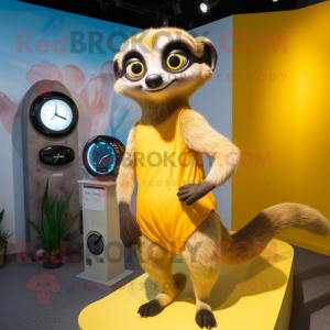 Yellow Meerkat mascot costume character dressed with a Bikini and Smartwatches