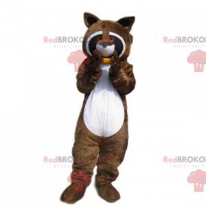 Mascote guaxinim marrom com uma espiga de milho - Redbrokoly.com