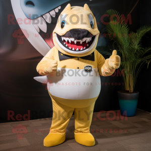 Gold Shark mascot costume character dressed with a Rugby Shirt and Pocket squares