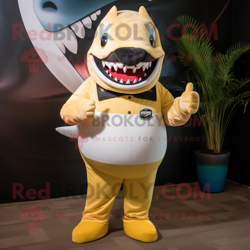 Gold Shark mascot costume character dressed with a Rugby Shirt and Pocket squares Gold Shark mascot costume character dressed with a Rugby Shirt and Pocket squares