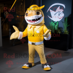 Gold Shark mascot costume character dressed with a Rugby Shirt and Pocket squares