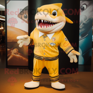 Gold Shark mascot costume character dressed with a Rugby Shirt and Pocket squares