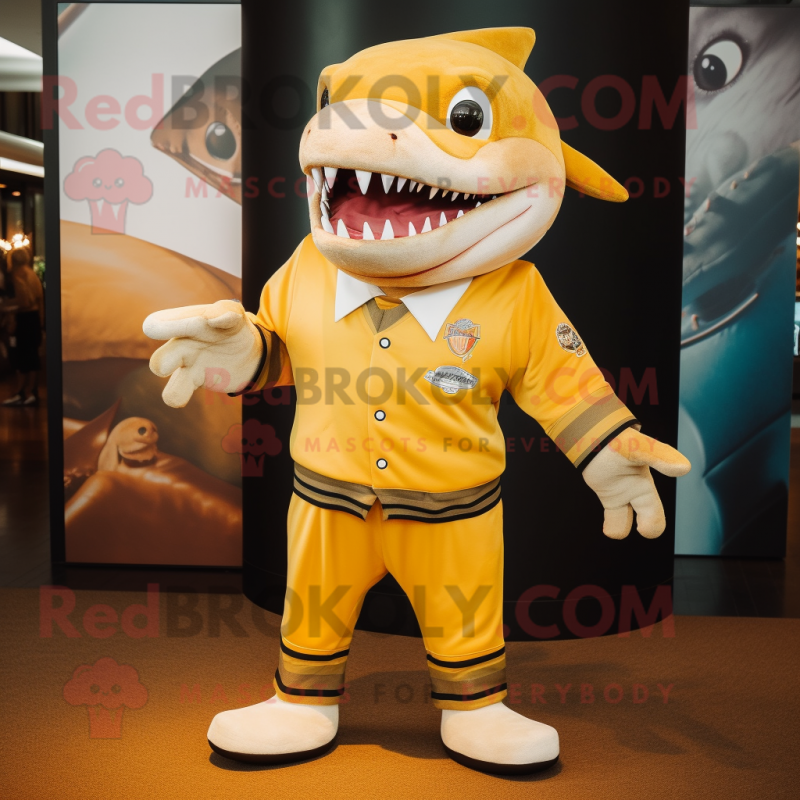 Gold Shark mascot costume character dressed with a Rugby Shirt and Pocket squares Gold Shark mascot costume character dressed with a Rugby Shirt and Pocket squares