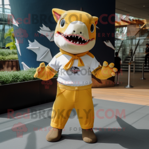 Gold Shark mascot costume character dressed with a Rugby Shirt and Pocket squares