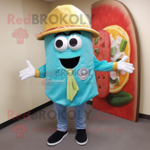 Turquoise Pizza Slice mascot costume character dressed with a Chambray Shirt and Hat pins