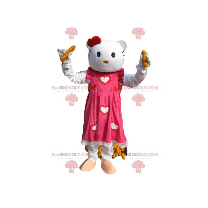 Mascota de Hello Kitty con un hermoso vestido rosa y corazones