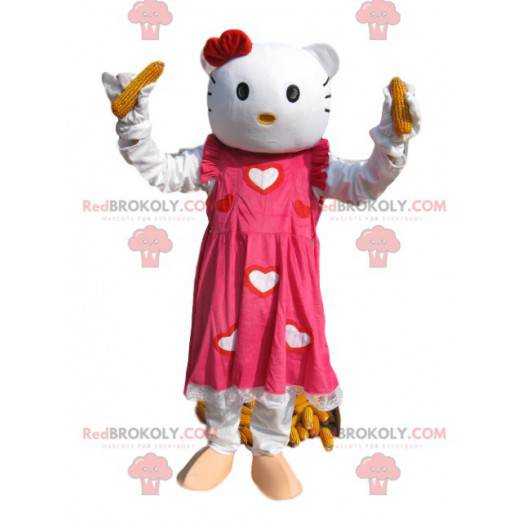 Hello Kitty mascot with a beautiful pink dress and hearts -