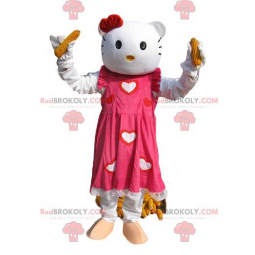 Hello Kitty maskot med en vakker rosa kjole og hjerter -