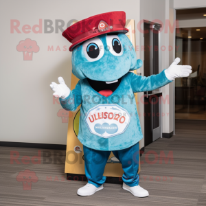 Turquoise Pizza Slice mascot costume character dressed with a Chambray Shirt and Hat pins