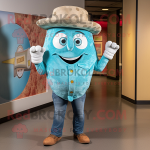 Turquoise Pizza Slice mascot costume character dressed with a Chambray Shirt and Hat pins