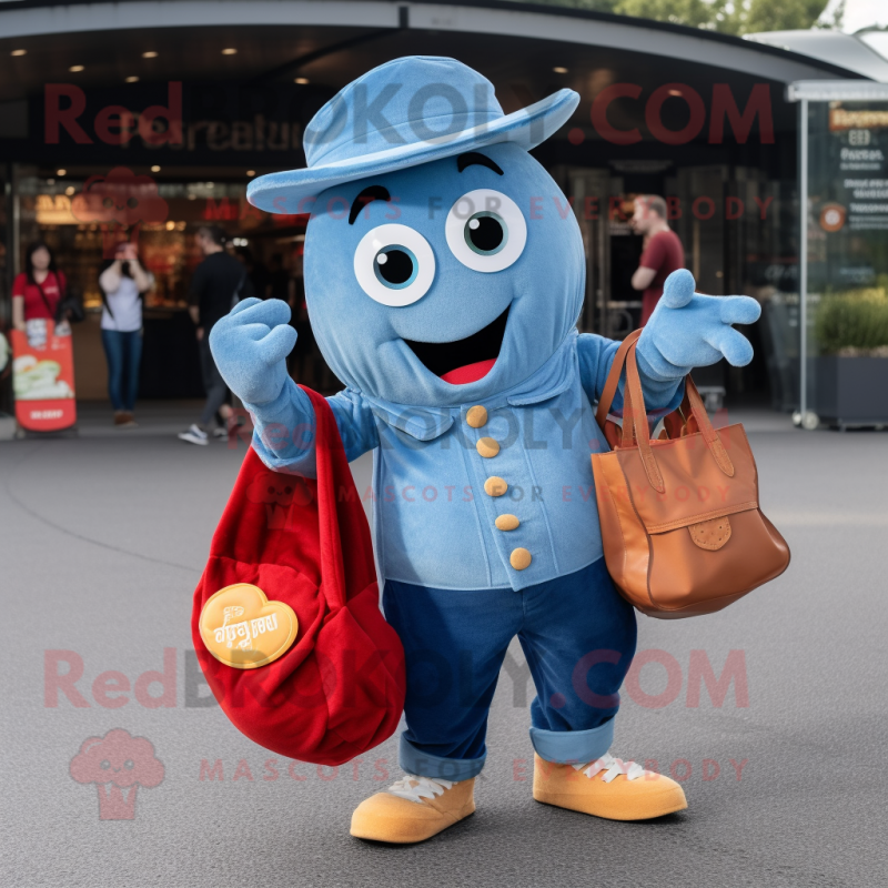 Blue Currywurst mascot costume character dressed with a Flare Jeans and Coin purses