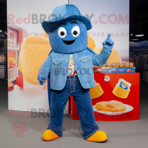 Blue Currywurst mascot costume character dressed with a Flare Jeans and Coin purses