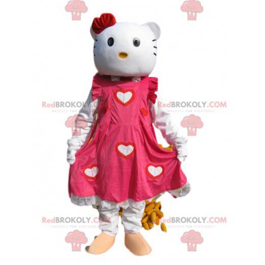 Mascota de Hello Kitty con un hermoso vestido rosa y corazones