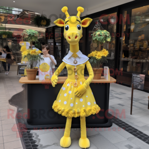 Lemon Yellow Giraffe mascot costume character dressed with a A-Line Skirt and Necklaces