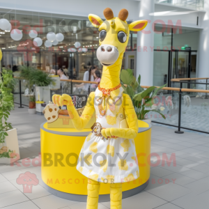 Lemon Yellow Giraffe mascot costume character dressed with a A-Line Skirt and Necklaces