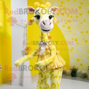 Lemon Yellow Giraffe mascot costume character dressed with a A-Line Skirt and Necklaces