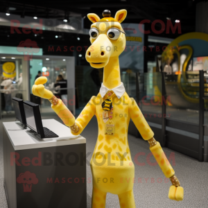 Lemon Yellow Giraffe mascot costume character dressed with a A-Line Skirt and Necklaces