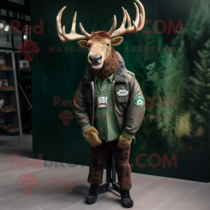 Forest Green Irish Elk mascot costume character dressed with a Leather Jacket and Lapel pins