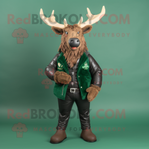 Forest Green Irish Elk mascot costume character dressed with a Leather Jacket and Lapel pins
