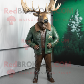 Forest Green Irish Elk mascot costume character dressed with a Leather Jacket and Lapel pins