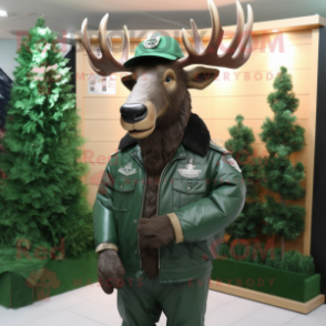 Forest Green Irish Elk mascot costume character dressed with a Leather Jacket and Lapel pins