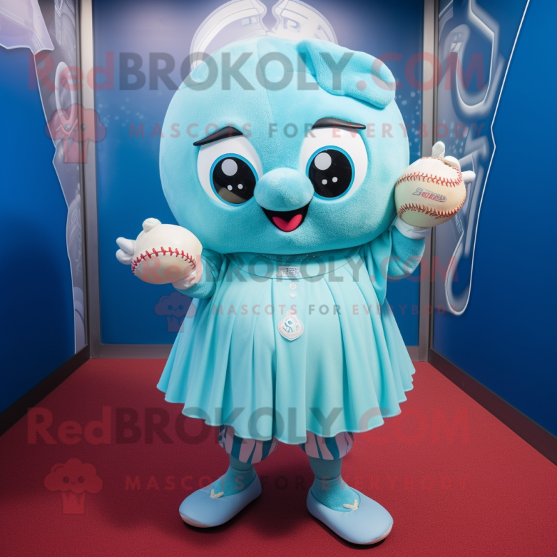 Cyan Baseball Glove mascot costume character dressed with a Mini Skirt and Shawl pins Cyan Baseball Glove mascot costume character dressed with a Mini Skirt and Shawl pins