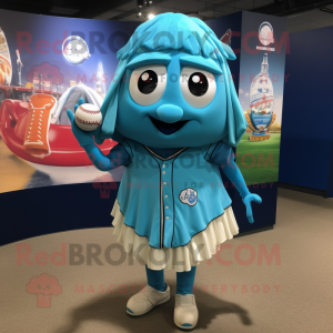 Cyan Baseball Glove mascot costume character dressed with a Mini Skirt and Shawl pins