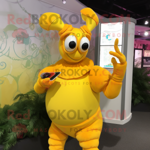Yellow Lobster mascot costume character dressed with a Ball Gown and Smartwatches