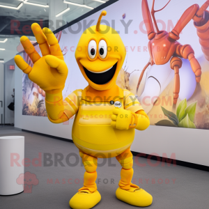 Yellow Lobster mascot costume character dressed with a Ball Gown and Smartwatches