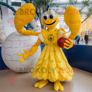 Yellow Lobster mascot costume character dressed with a Ball Gown and Smartwatches