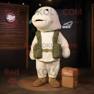 Cream Beluga Whale mascot costume character dressed with a Cargo Shorts and Caps