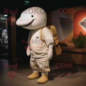 Cream Beluga Whale mascot costume character dressed with a Cargo Shorts and Caps