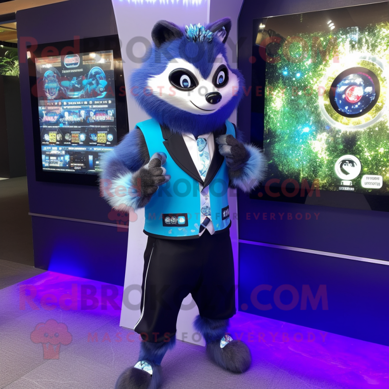 Blue Raccoon mascot costume character dressed with a Tuxedo and Digital watches
