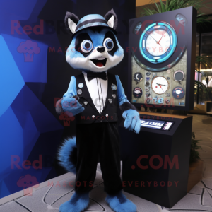 Blue Raccoon mascot costume character dressed with a Tuxedo and Digital watches